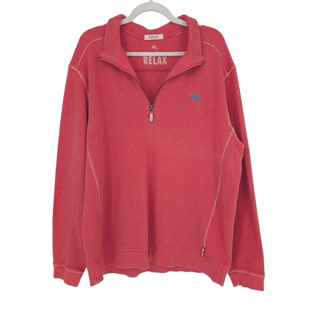 Tommy Bahama 1/4 Zip Pullover Mens Large Coral Red Cotton Coastal‎ Nautical Prep